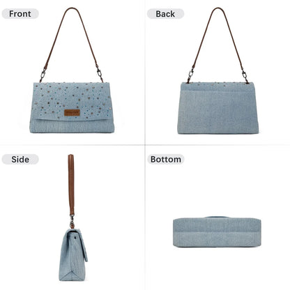 wrangler crossbody purse with front, back side and bottom photos