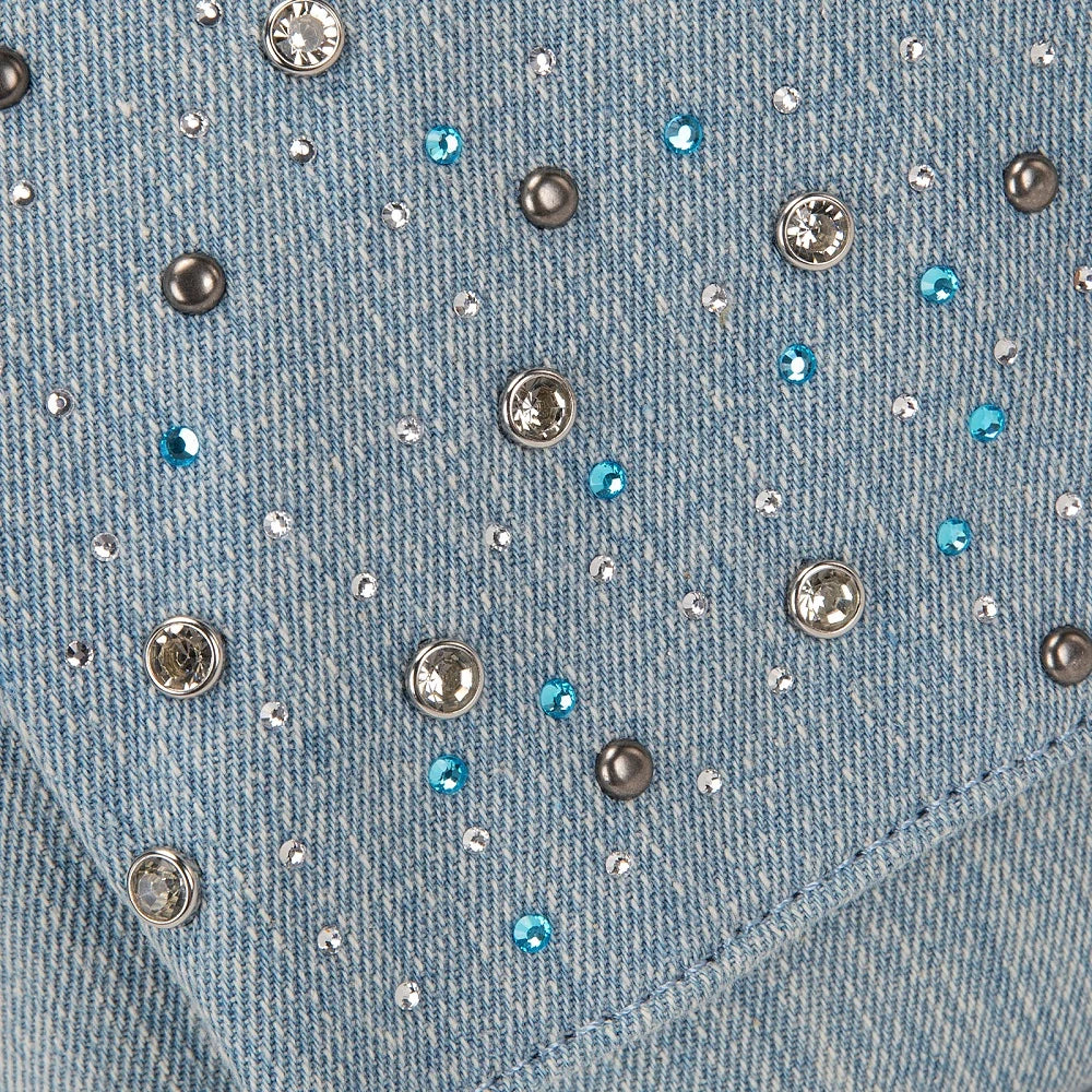 Pink and blue Wrangler denim bag with scattered clear and blue rhinestone
