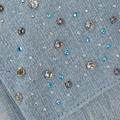 Pink and blue Wrangler denim bag with scattered clear and blue rhinestone