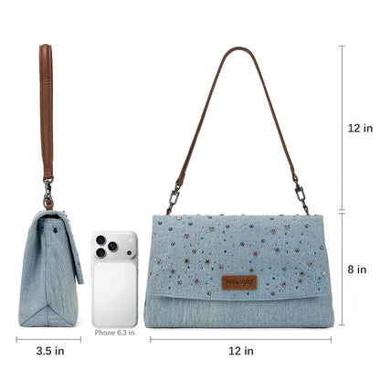 blue Wrangler pink and blue rhinestone bag showing detachable straps