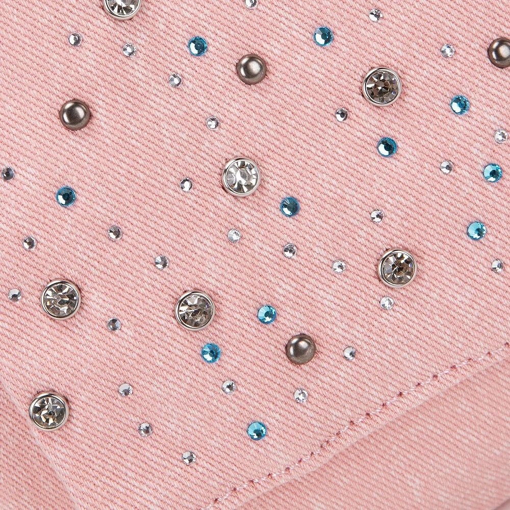 Pink and blue Wrangler denim bag with scattered clear and blue rhinestone