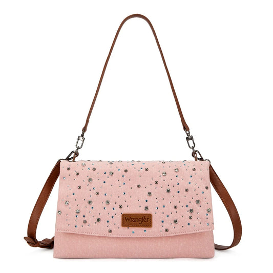 Wrangler Coastal Cowgirl pink and blue rhinestone denim shoulder bag