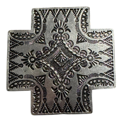 Silver and black western  belt buckle close up FRONT