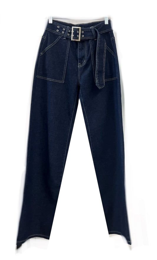 Amy Wide Leg Denim Jeans 2 Button Closure with Grommet Denim Belt