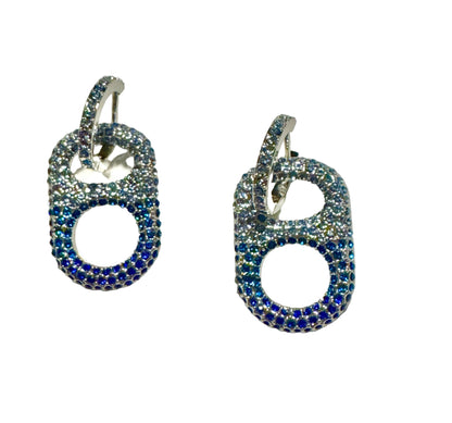 Coastal Wave Ombre Pop Tab Earrings .925 Silver Plated Brass, 3 Colored Blue Rhinestones poptab