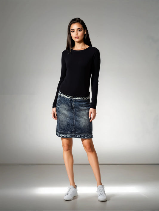 Talbots midi pencil skirt with wave-cut waistline and hand-applied shells on hem and pocket area – one-of-a-kind coastal reworked style