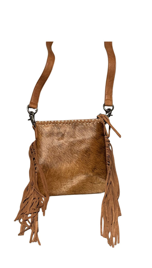 Sierra Fringe Cowhide Crossbody front view brown hair on cowhide
