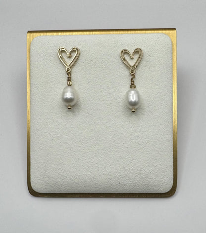 Heart Hanging Faux Pearl Earrings in Silver or gold