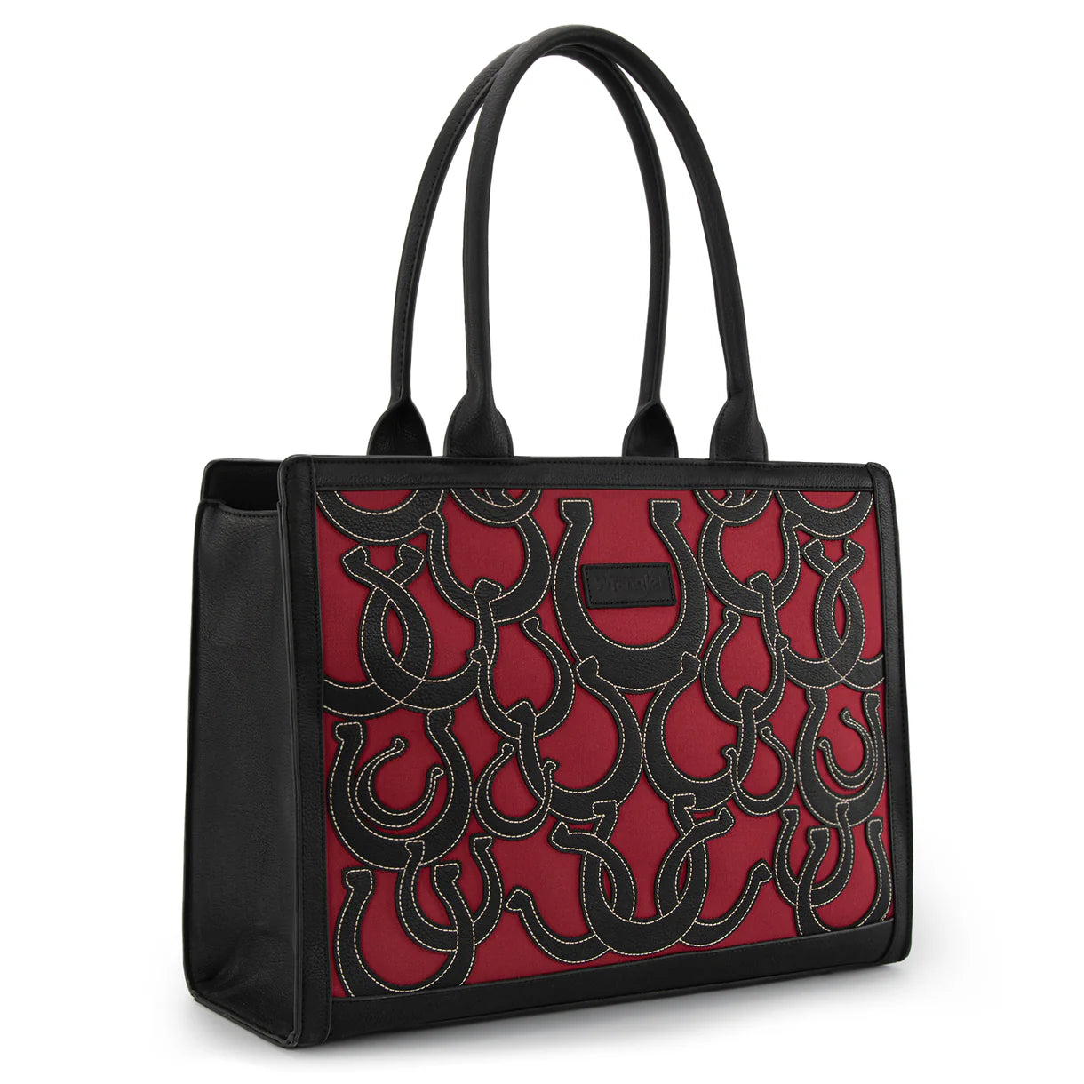 Black red rust horseshoe tote structured PU leather western carryall bag wrangler cut out large tote with extra storage compartments front view