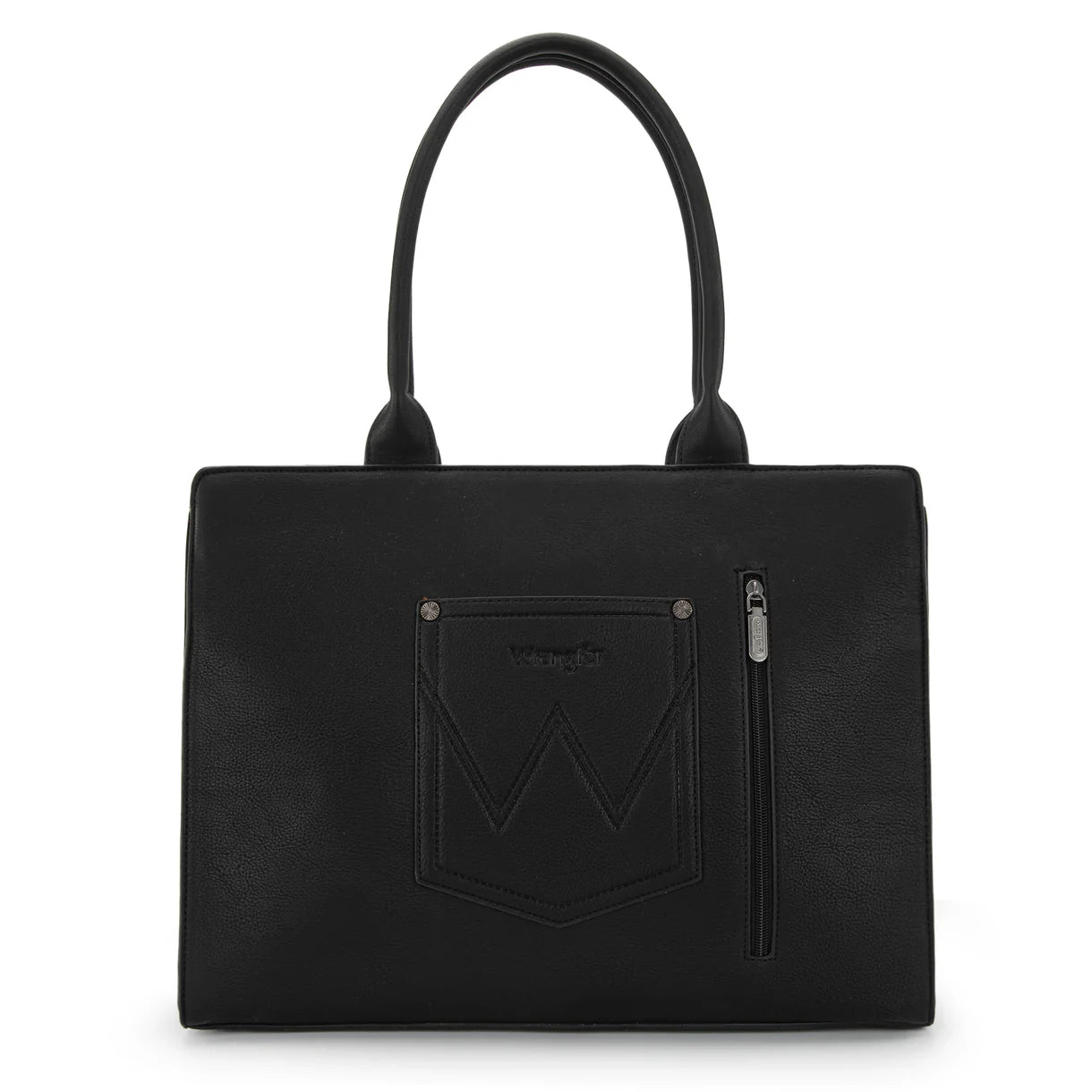 Black red rust horseshoe tote structured PU leather western carryall bag wrangler cut out large tote with extra storage compartments back view with ccw pocket and wrangler signature pocket.