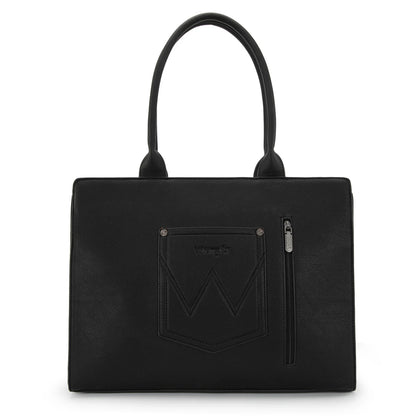 Black red rust horseshoe tote structured PU leather western carryall bag wrangler cut out large tote with extra storage compartments back view with ccw pocket and wrangler signature pocket.