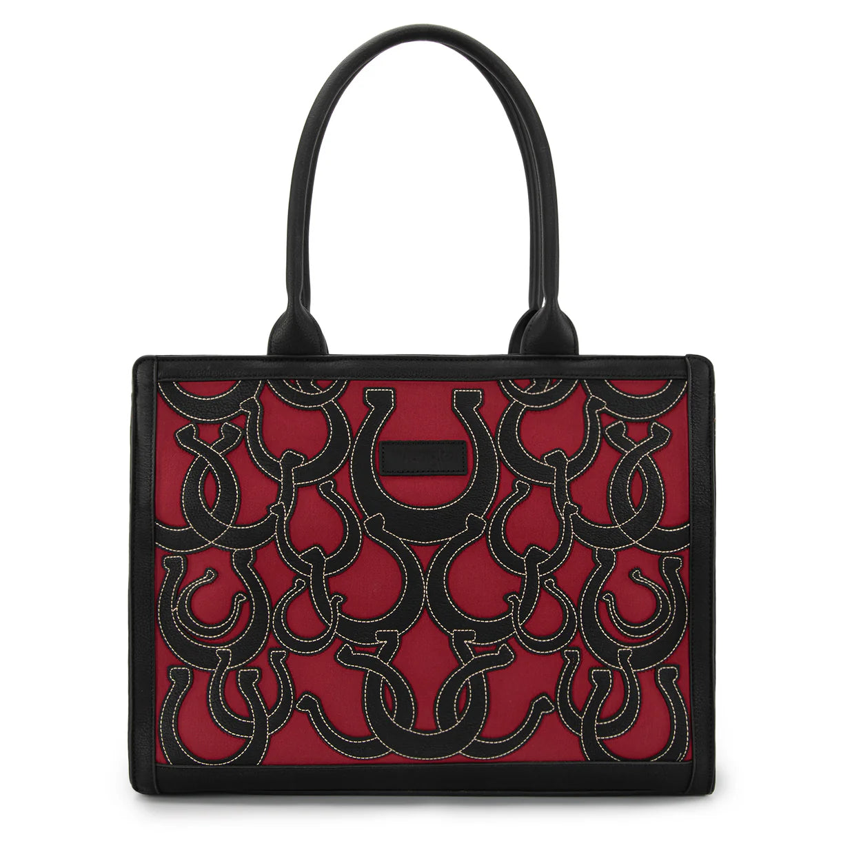 Black red rust horseshoe tote structured PU leather western carryall bag wrangler cut out large tote with extra storage compartments front view