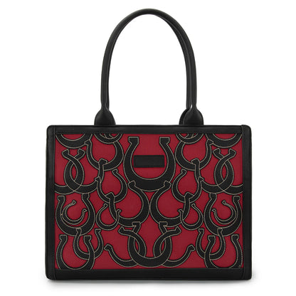 Black red rust horseshoe tote structured PU leather western carryall bag wrangler cut out large tote with extra storage compartments front view