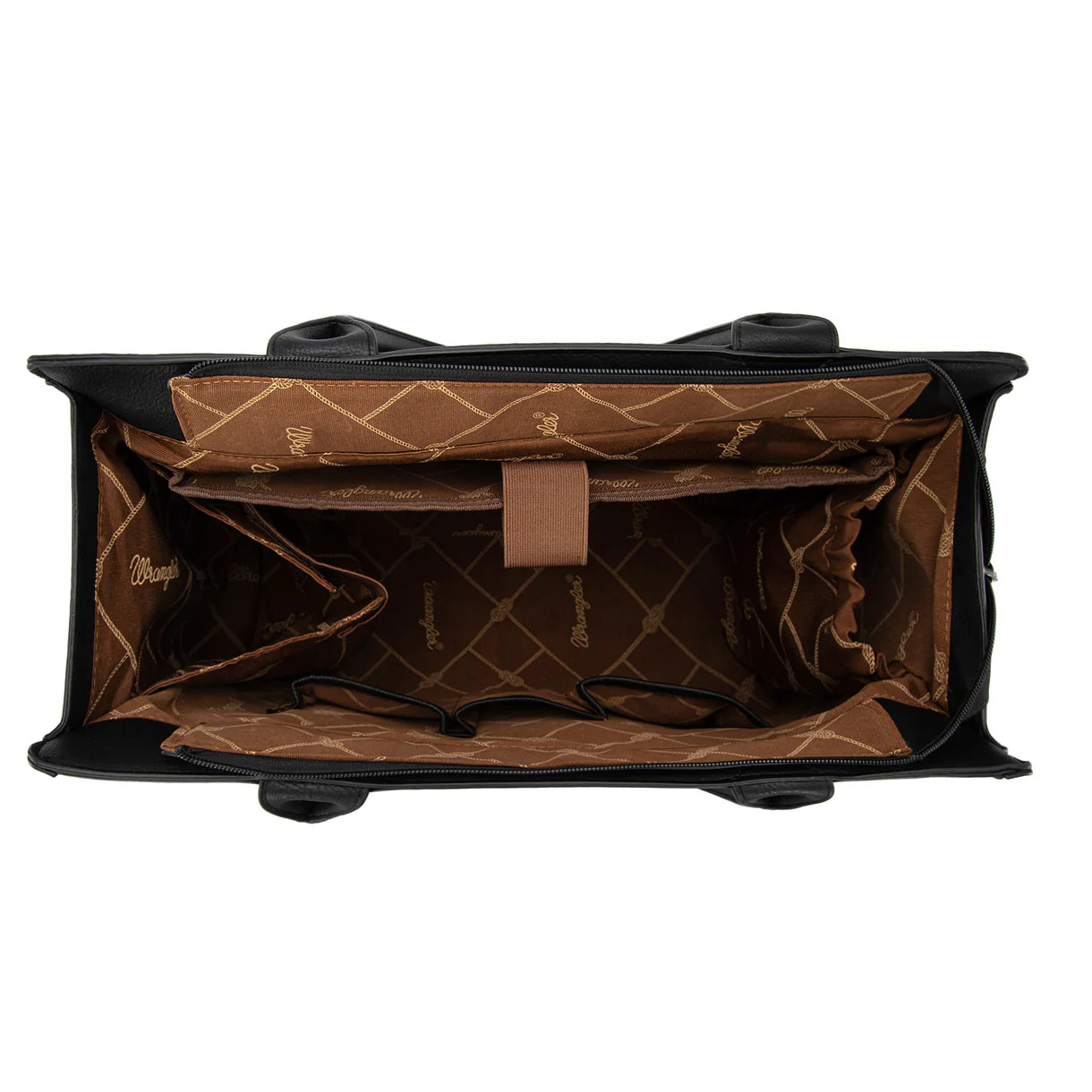 Brown beige equestrian tote horseshoe cutout everyday neutral handbag inside view fully lined and several spacious compartments