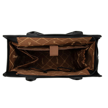 Brown beige equestrian tote horseshoe cutout everyday neutral handbag inside view fully lined and several spacious compartments