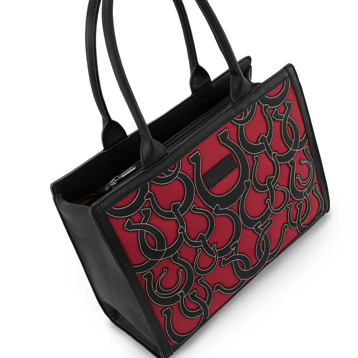 Black red rust horseshoe tote structured PU leather western carryall bag wrangler cut out large tote with extra storage compartments front view