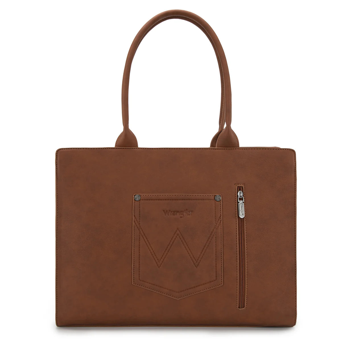 Brown beige equestrian tote horseshoe cutout everyday neutral handbag back view with ccw pocket and wrangler signature pocket