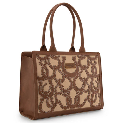 Brown beige equestrian tote horseshoe cutout everyday neutral handbag