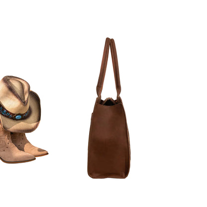 Brown beige equestrian tote horseshoe cutout everyday neutral handbag brown side view
