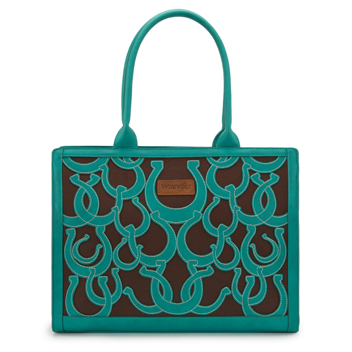 Turquoise horseshoe equestrian tote concealed carry western statement bag front view
