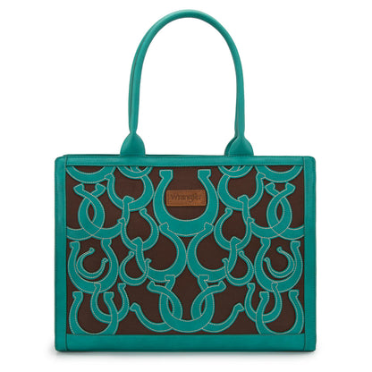 Turquoise horseshoe equestrian tote concealed carry western statement bag front view
