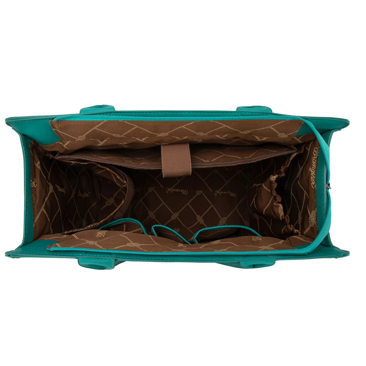 Turquoise horseshoe equestrian tote concealed carry western statement bag inside view wrangler many compartments laptop storage, two bottle holders, one expandable, 3 open pockets and one zip.