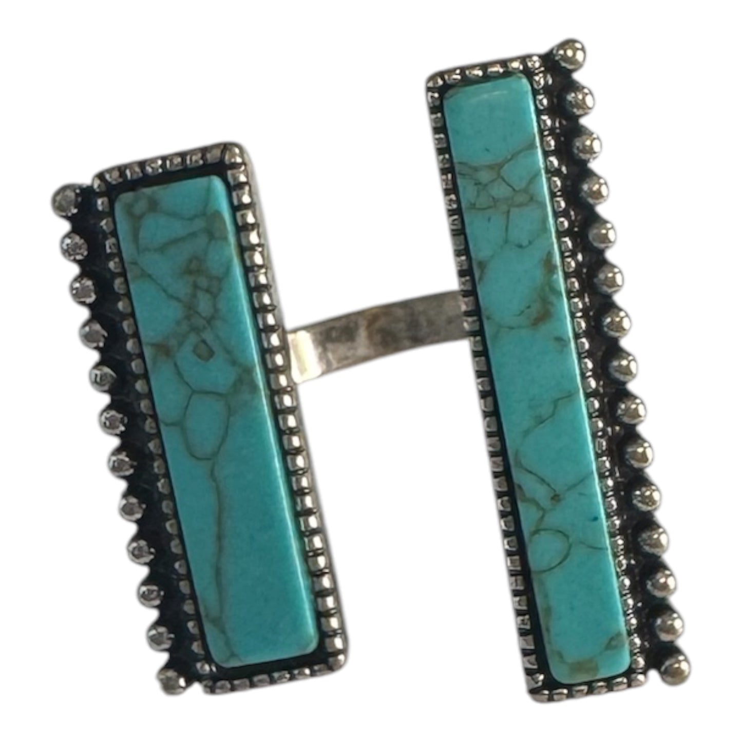 Turquoise Two Rectangle Brass Silver Adjustable Ring