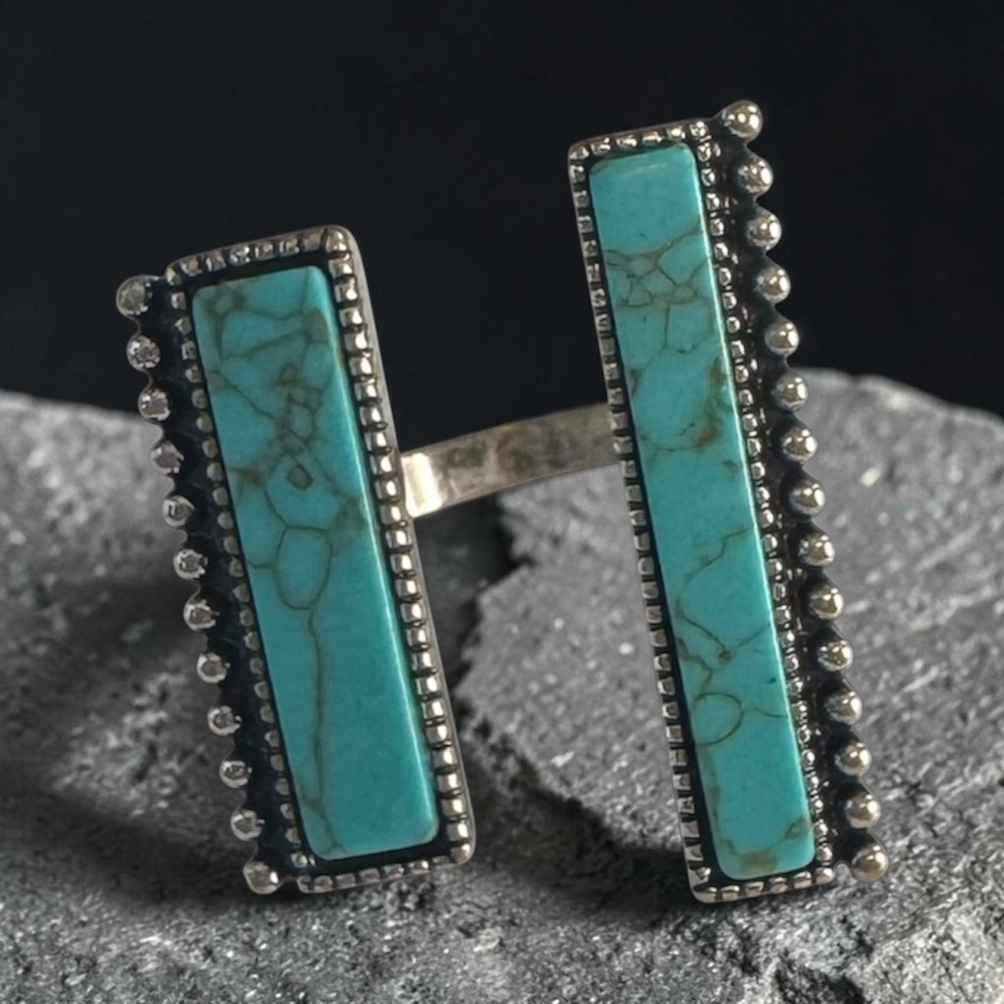 Turquoise Two Rectangle Brass Silver Adjustable Ring