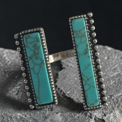 Turquoise Two Rectangle Brass Silver Adjustable Ring