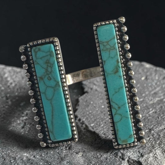 Turquoise Two Rectangle Brass Silver Adjustable Ring