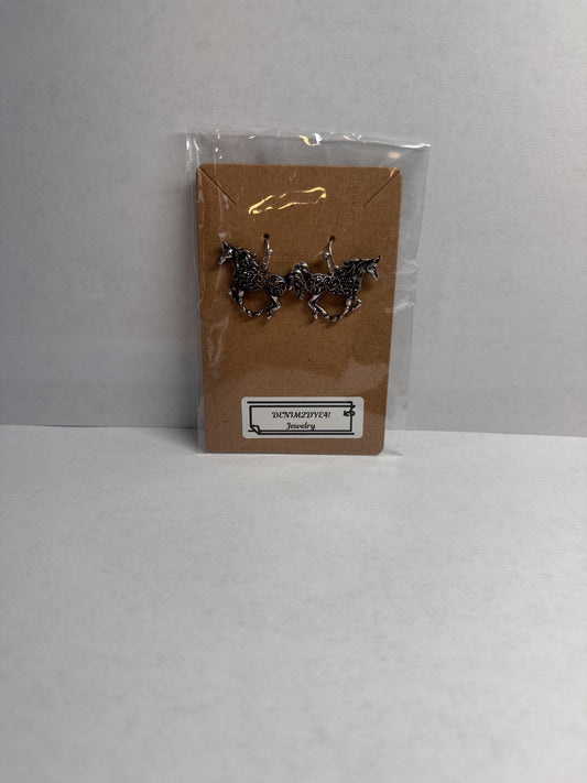 Filligree Metal Horse Dangle Earrings Hanging with Stopper Trotting