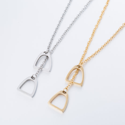 Equestrian Stirrups Link Chain Lariat Necklace in Silver and Gold – Stainless Steel, Waterproof, Coastal Chic Jewelry-SILVER-GOLD