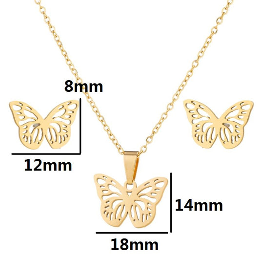 Sofia Butterfly Stainless Steel Earring and Necklace Set – Silver and Gold Jewelry – Modern Boho Chic – Everyday Glam – Durable & Hypoallergenic-GOLD-DIMENSIONS