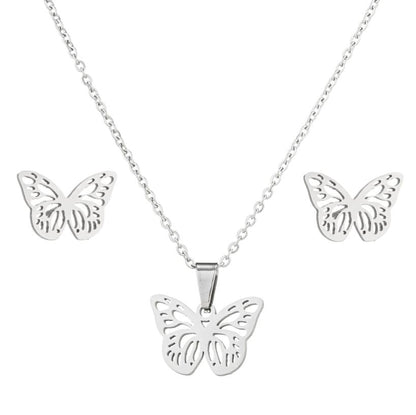 Sofia Butterfly Stainless Steel Earring and Necklace Set – Silver and Gold Jewelry – Modern Boho Chic – Everyday Glam – Durable & Hypoallergenic-SILVER