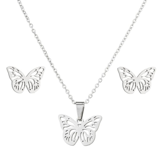 Sofia Butterfly Stainless Steel Earring and Necklace Set – Silver and Gold Jewelry – Modern Boho Chic – Everyday Glam – Durable & Hypoallergenic-SILVER