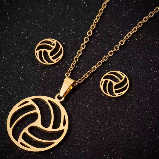 volleyball- pendant- necklace- and- hoop- earring- set- in- silver- and- gold- rose- stainless- steel- water- resistant- tarnish- free- sporty- chic- jewelry
