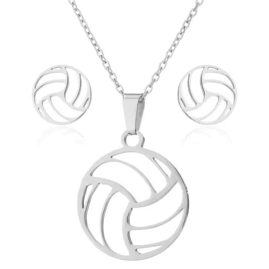 volleyball- pendant- necklace- and- hoop- earring- set- in- silver- and- gold- rose- stainless- steel- water- resistant- tarnish- free- sporty- chic- jewelry