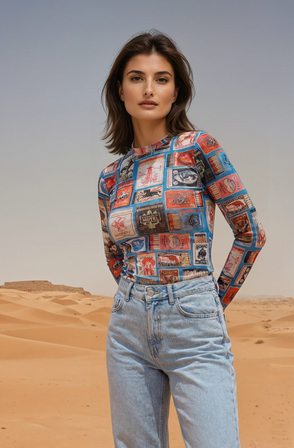 Modern West Collage Mesh Long Sleeve Top