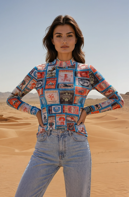 Modern West Collage Mesh Long Sleeve Top