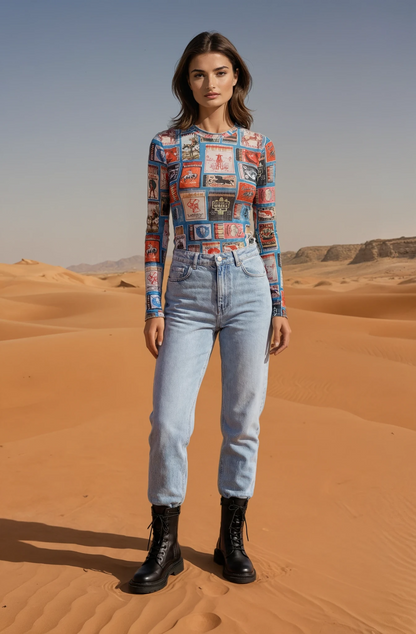 Modern West Collage Mesh Long Sleeve Top