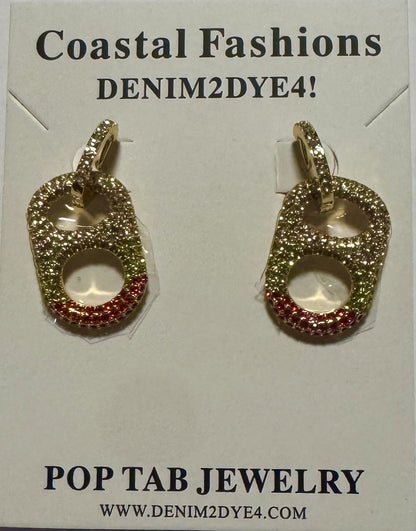 Mistletoe Magic Ombre Rhinestone Pop Tab Drop Earrings – 18K gold plated with red, clear, and green rhinestones, festive chic jewelry packaging