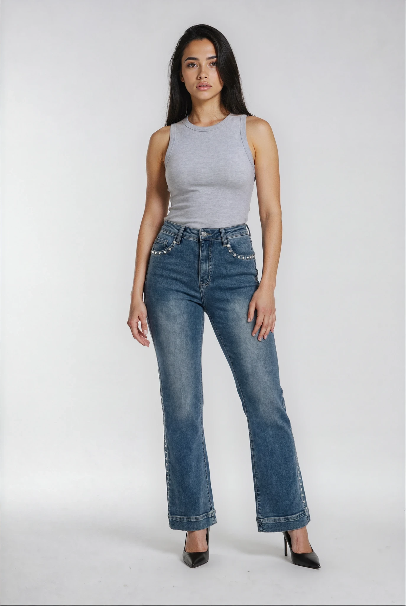 High Rise Mid Wash Rhinestone Studded Denim Trousers