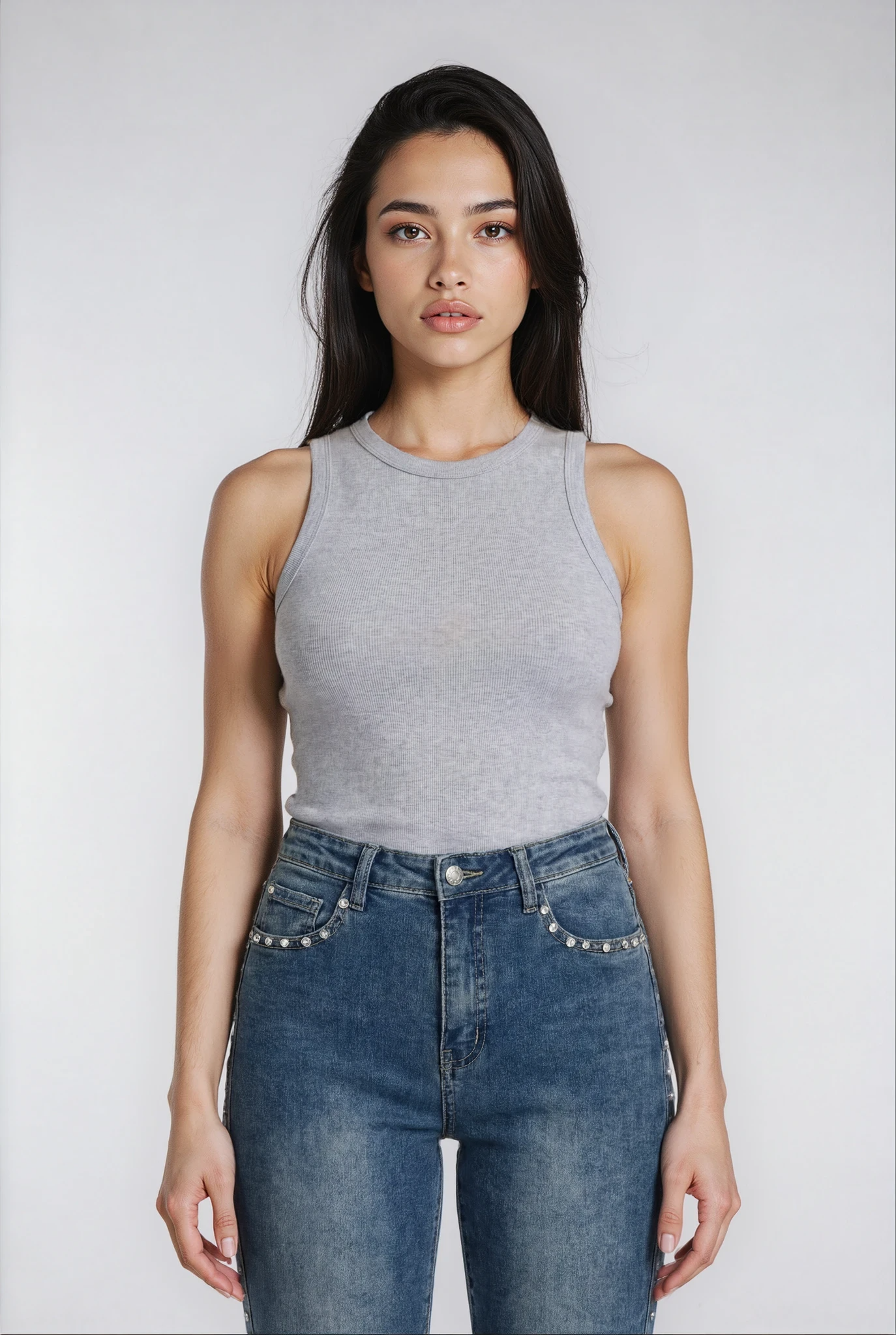 High Rise Mid Wash Rhinestone Studded Denim Trousers