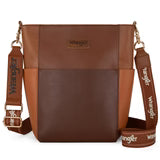 Wrangler Mocha Colorblock Crossbody Tote front view in coffee brown PU leather  Front View