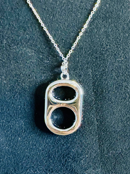 Reversible smooth back of pop tab necklace gold and silver finish detail