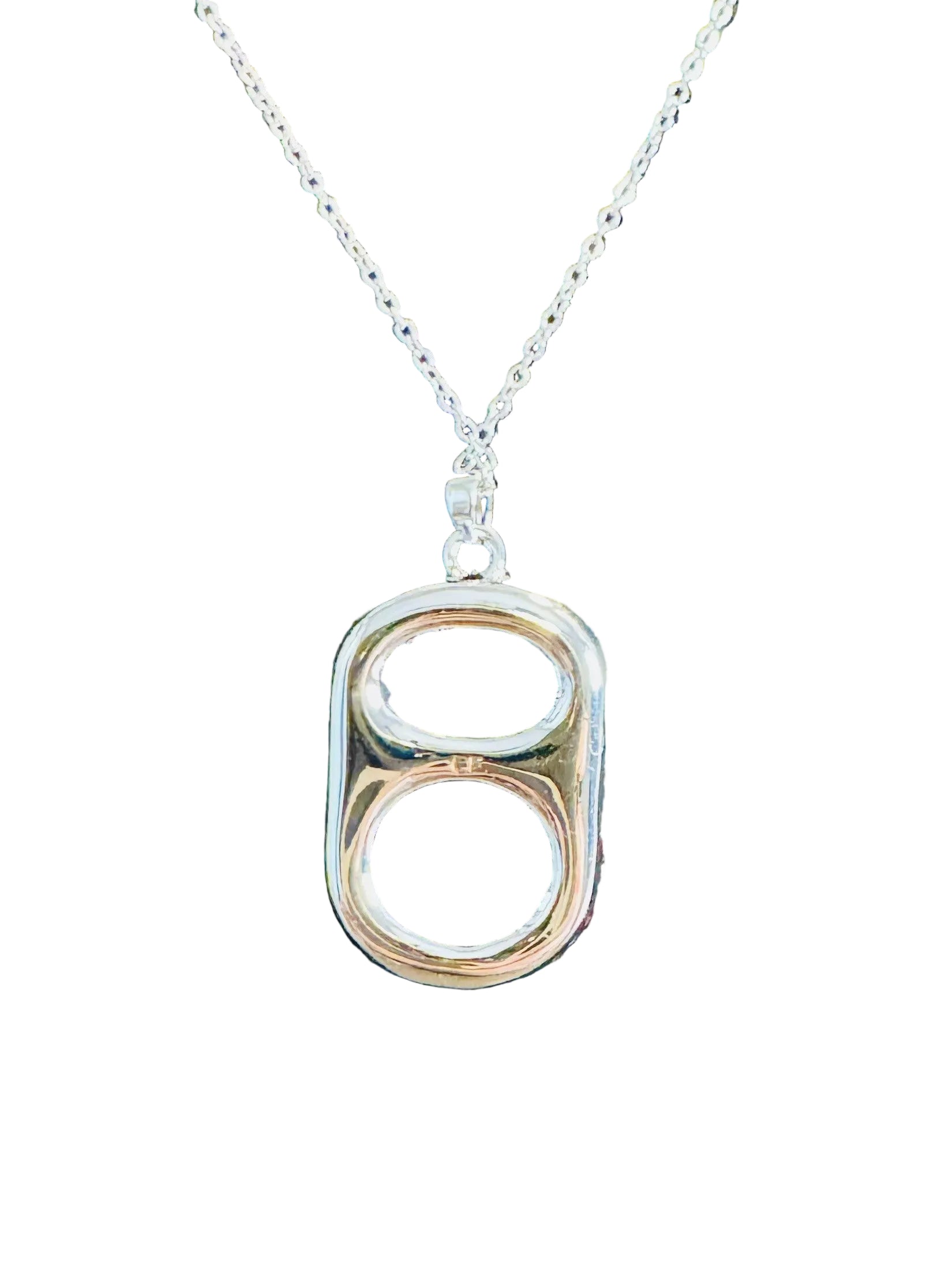 Reversible smooth back of pop tab necklace gold and silver finish detail