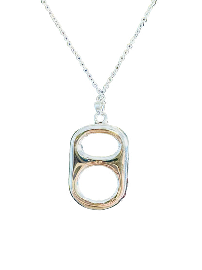 Reversible smooth back of pop tab necklace gold and silver finish detail