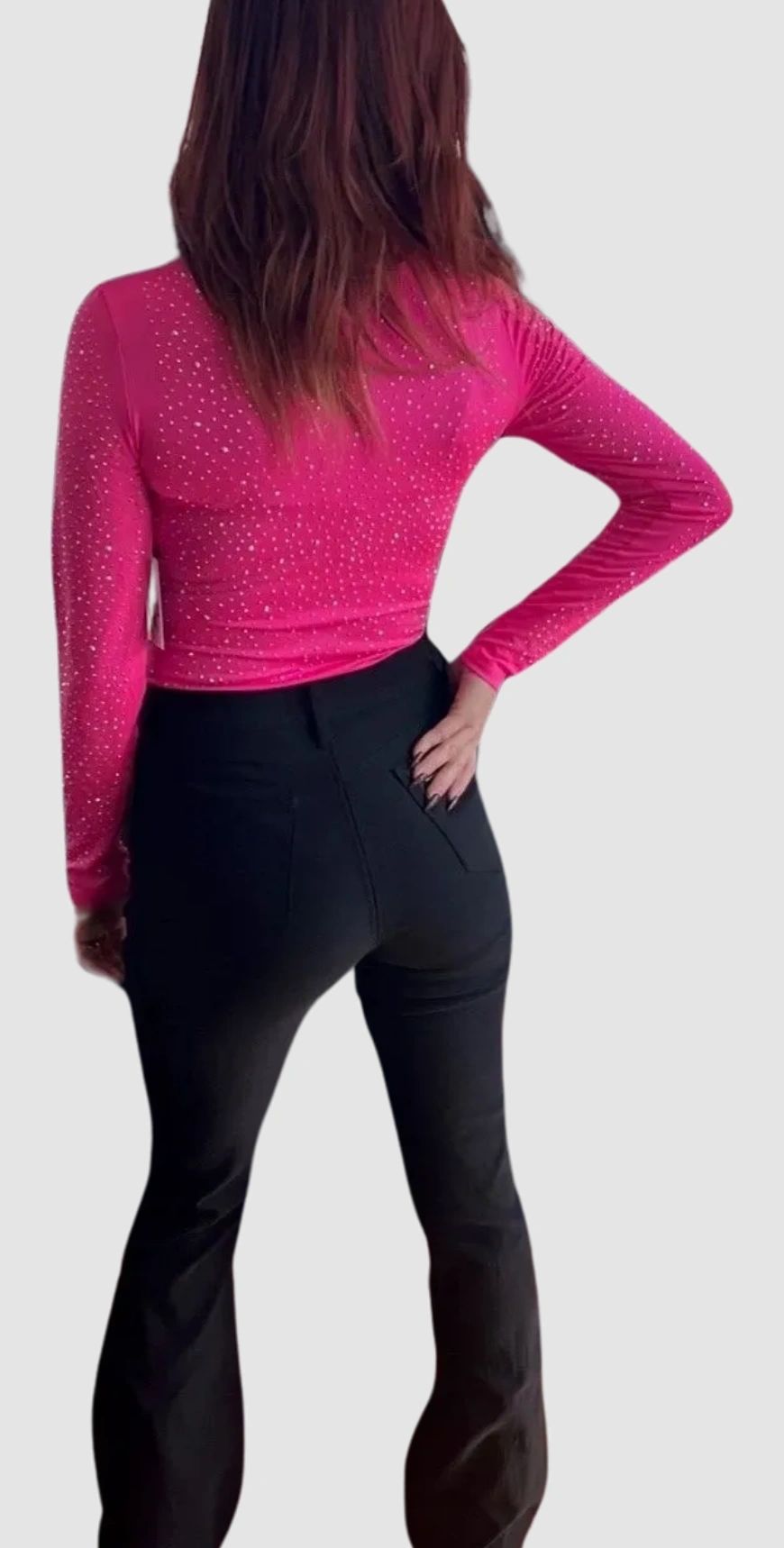 The Rosie Hot Pink Rhinestone Bodysuit, long sleeves, snap closure and scoop neck