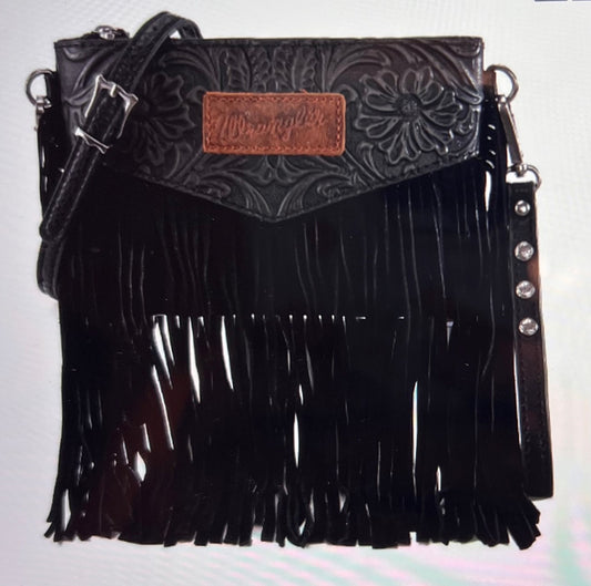 Wrangler Vintage Floral Tooled Leather Fringe Wristlet / Clutch : Crossbody Adjustable - 11 different colors (Use 3 Ways)