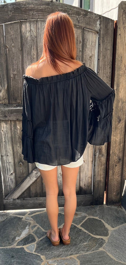 The Ramona Off / On Shoulder Tiered Long Bell Sleeve flowy, flirty and soft. Regular and Plus Sizes.